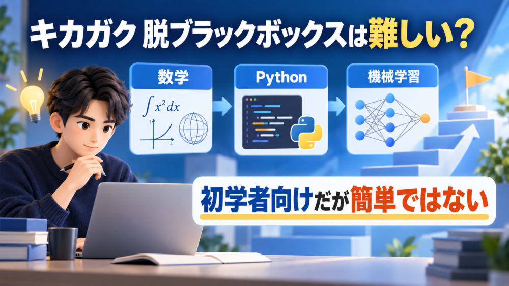 キカガク 脱ブラックボックスは難しいのか、数学・Python・機械学習の順で学ぶ結論を示す画像