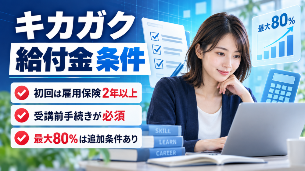 キカガクの給付金条件として初回は雇用保険2年以上、受講前手続き必須、最大80％は追加条件ありと示すアイキャッチ