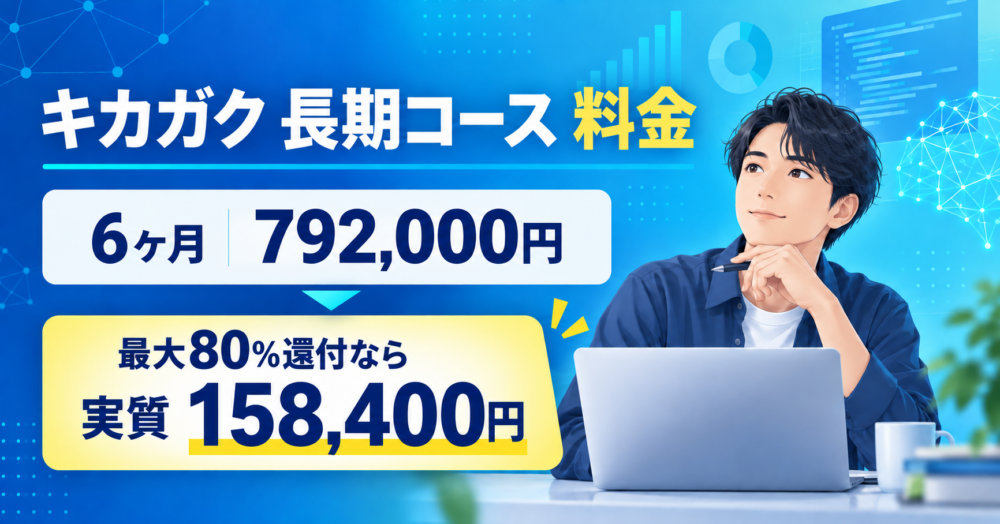 キカガク長期コースの6ヶ月料金と給付金適用後の実質負担を示すアイキャッチ