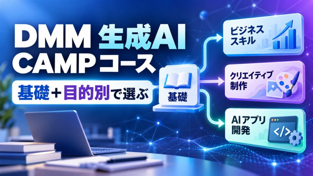 DMM 生成AI CAMPのコースは基礎と目的別で選ぶと示すアイキャッチ