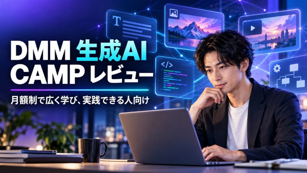 DMM 生成AI CAMPをレビューし月額制で広く学べる人を示すアイキャッチ