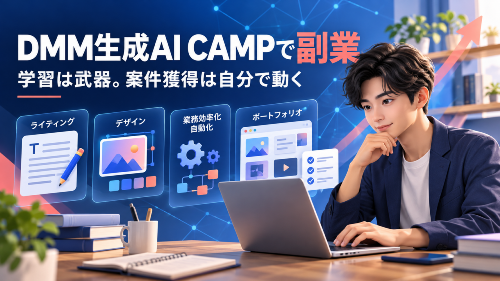 DMM生成AI CAMPで副業を目指し、学習と案件獲得を進めるイメージ