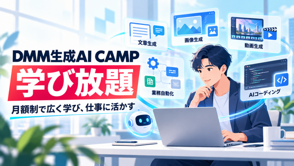 DMM生成AI CAMP 学び放題で文章・画像・動画・自動化・AIコーディングを学ぶイメージ