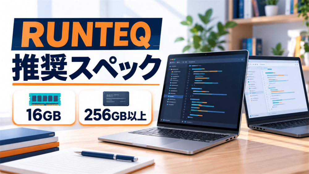 RUNTEQの推奨スペックはメモリ16GB・ストレージ256GB以上が基準だと示すアイキャッチ
